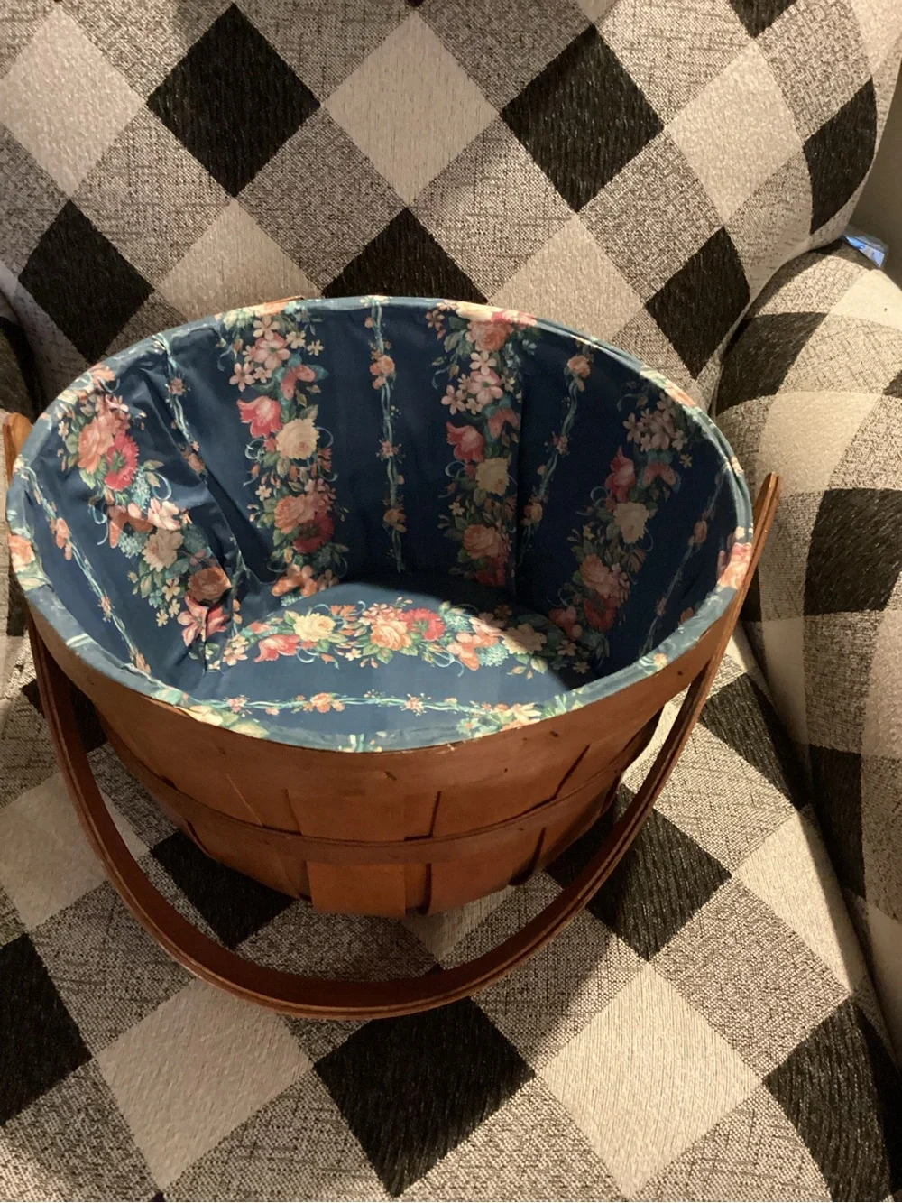 vintage wood and wicker sewing basket featuring “Churn Dash Star